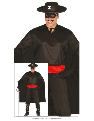 Uomo indossa costume Zorro nero con mantello, fascia rossa, cappello e maschera per feste in maschera