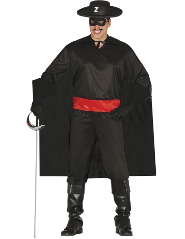 Uomo indossa costume Zorro nero con mantello, fascia rossa, cappello e maschera per feste in maschera