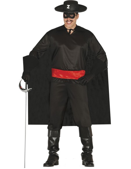 Uomo indossa costume Zorro nero con mantello, fascia rossa, cappello e maschera per feste in maschera