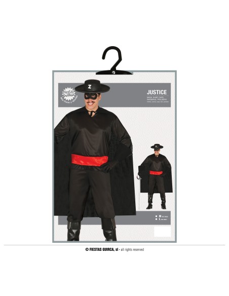 Uomo indossa costume Zorro nero con mantello, fascia rossa, cappello e maschera per feste in maschera