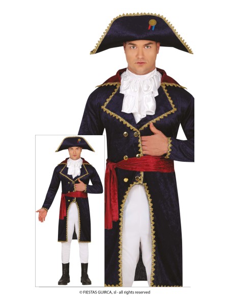 Costume Napoleone Bonaparte blu con giacca militare, pantaloni bianchi e cappello bicorno per feste storiche