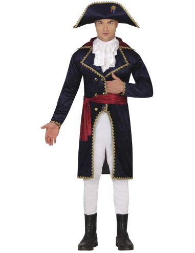 Costume Napoleone Bonaparte blu con giacca militare, pantaloni bianchi e cappello bicorno per feste storiche