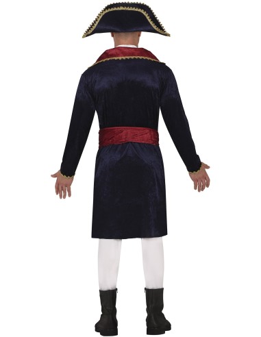 Costume Napoleone Bonaparte blu con giacca militare, pantaloni bianchi e cappello bicorno per feste storiche