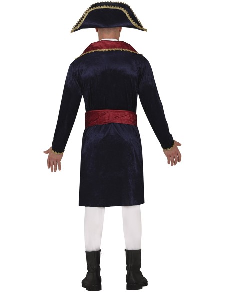 Costume Napoleone Bonaparte blu con giacca militare, pantaloni bianchi e cappello bicorno per feste storiche