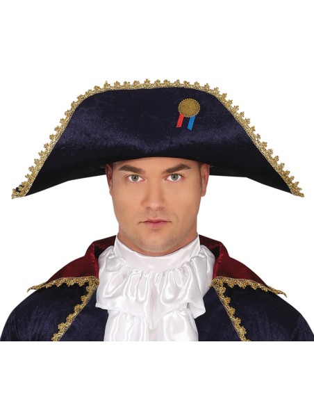 Costume Napoleone Bonaparte blu con giacca militare, pantaloni bianchi e cappello bicorno per feste storiche