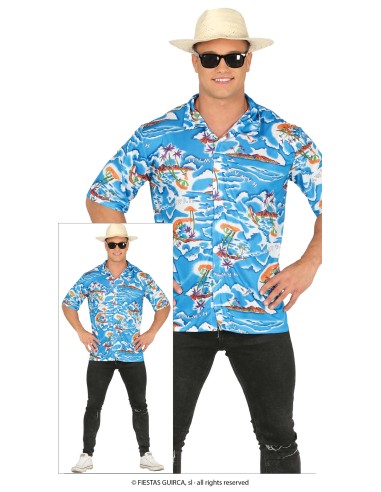 Camicia hawaiana azzurra uomo con stampe tropicali palme e fiori per costume turista