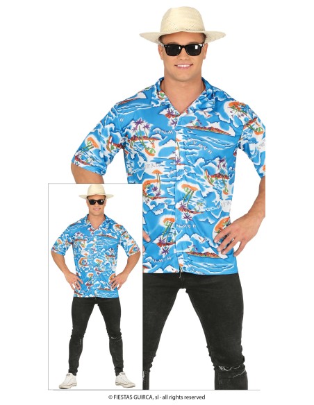 Camicia hawaiana azzurra uomo con stampe tropicali palme e fiori per costume turista