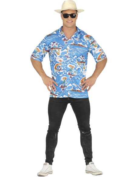 Camicia hawaiana azzurra uomo con stampe tropicali palme e fiori per costume turista