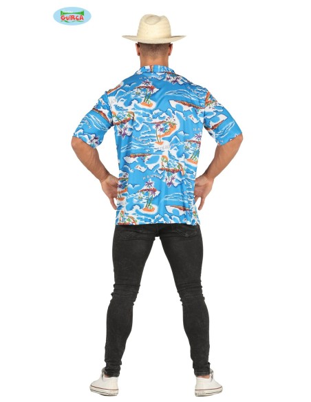 Camicia hawaiana azzurra uomo con stampe tropicali palme e fiori per costume turista