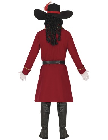 Costume da capitano corsaro rosso con cappello piumato, giacca elegante e pantaloni per uomo