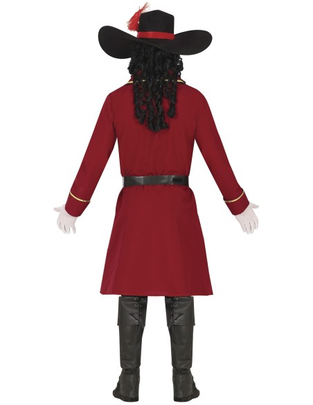 Costume da capitano corsaro rosso con cappello piumato, giacca elegante e pantaloni per uomo