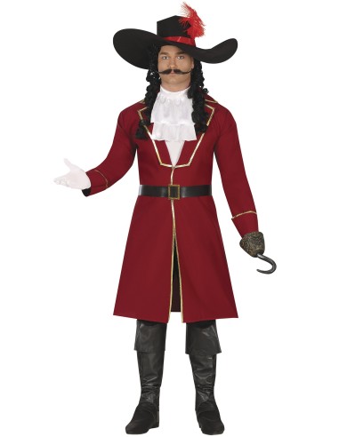 Costume da capitano corsaro rosso con cappello piumato, giacca elegante e pantaloni per uomo