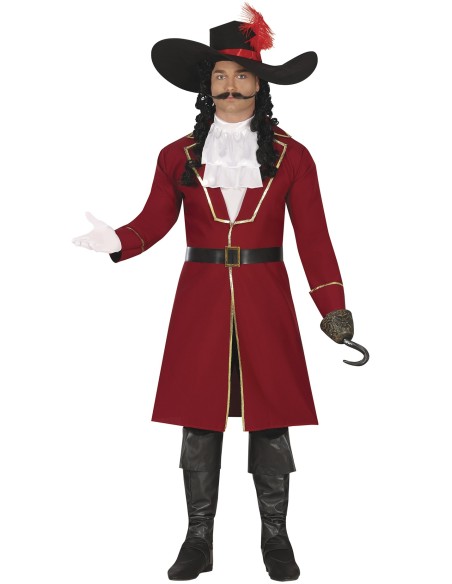 Costume da capitano corsaro rosso con cappello piumato, giacca elegante e pantaloni per uomo