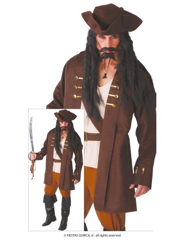 Costume uomo capitano pirata caraibico con giacca marrone, cappello e dettagli dorati per feste a tema