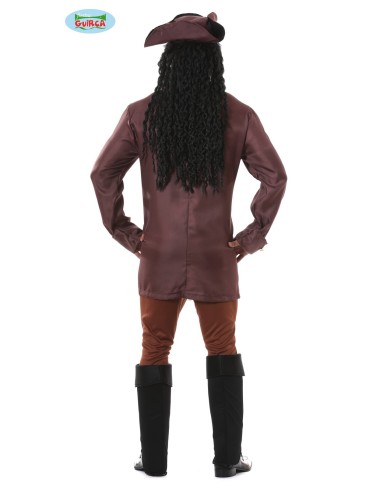 Costume uomo capitano pirata caraibico con giacca marrone, cappello e dettagli dorati per feste a tema