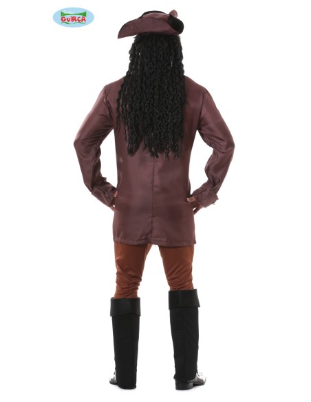 Costume uomo capitano pirata caraibico con giacca marrone, cappello e dettagli dorati per feste a tema