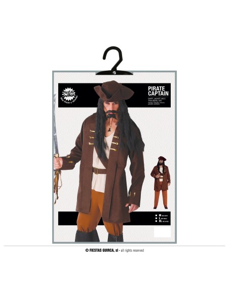 Costume uomo capitano pirata caraibico con giacca marrone, cappello e dettagli dorati per feste a tema