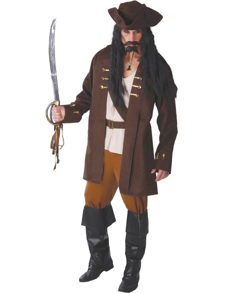 Costume uomo capitano pirata caraibico con giacca marrone, cappello e dettagli dorati per feste a tema