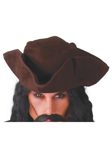 Costume uomo capitano pirata caraibico con giacca marrone, cappello e dettagli dorati per feste a tema