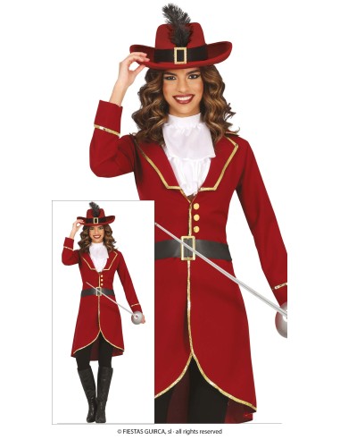 Costume da capitana pirata donna rosso con giacca, cappello con piuma e cintura nera per feste a tema