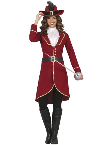 Costume da capitana pirata donna rosso con giacca, cappello con piuma e cintura nera per feste a tema