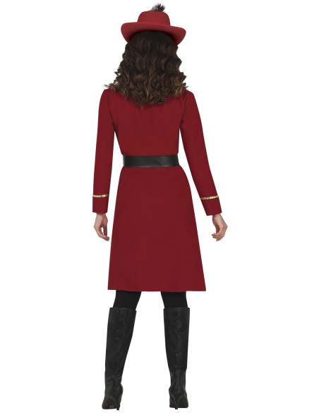 Costume da capitana pirata donna rosso con giacca, cappello con piuma e cintura nera per feste a tema