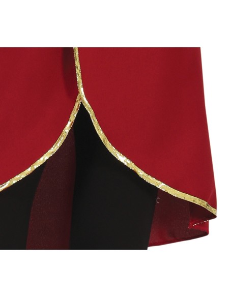 Costume da capitana pirata donna rosso con giacca, cappello con piuma e cintura nera per feste a tema