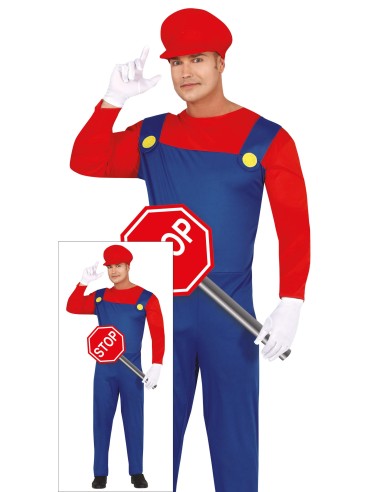 Costume uomo idraulico videogames con salopette blu, maglia rossa e cappello rosso stile Super Mario