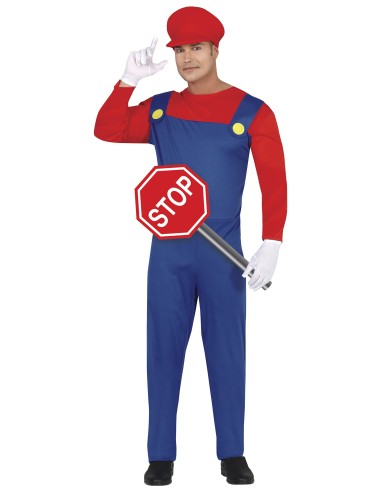 Costume uomo idraulico videogames con salopette blu, maglia rossa e cappello rosso stile Super Mario