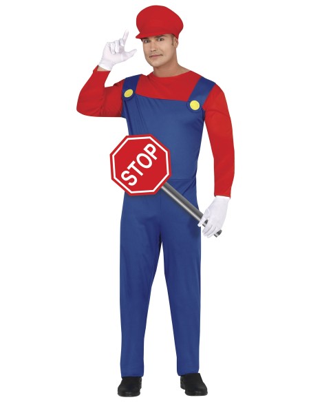 Costume uomo idraulico videogames con salopette blu, maglia rossa e cappello rosso stile Super Mario