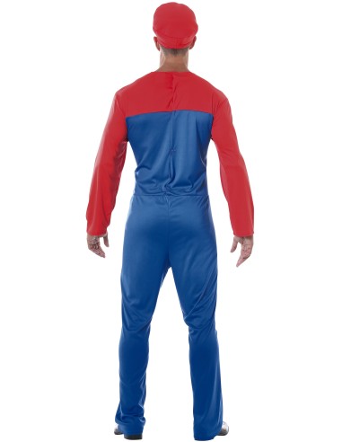 Costume uomo idraulico videogames con salopette blu, maglia rossa e cappello rosso stile Super Mario