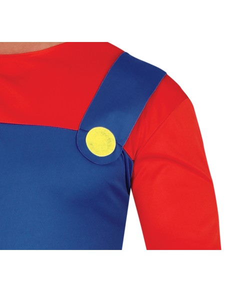 Costume uomo idraulico videogames con salopette blu, maglia rossa e cappello rosso stile Super Mario