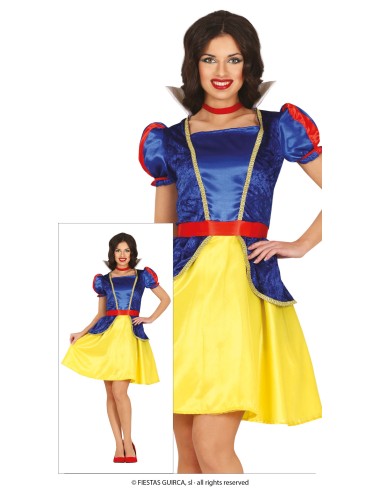 Costume Biancaneve donna con abito blu giallo e maniche rosse per Carnevale Halloween