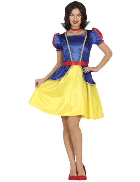 Costume Biancaneve donna con abito blu giallo e maniche rosse per Carnevale Halloween