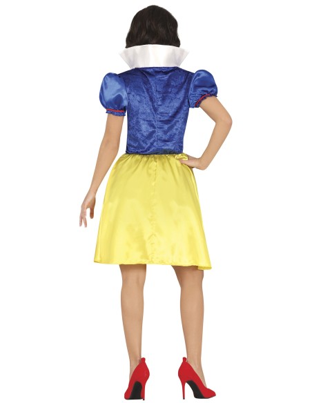 Costume Biancaneve donna con abito blu giallo e maniche rosse per Carnevale Halloween