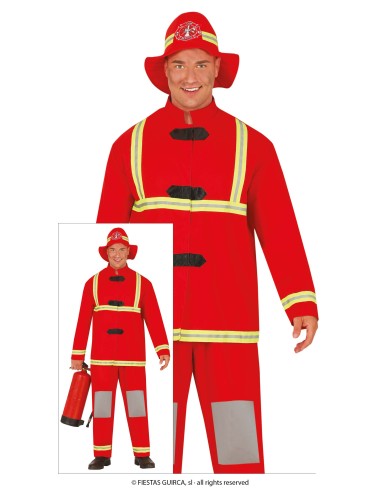 Costume da pompiere rosso con bretelle gialle e cappello per uomo carnevale