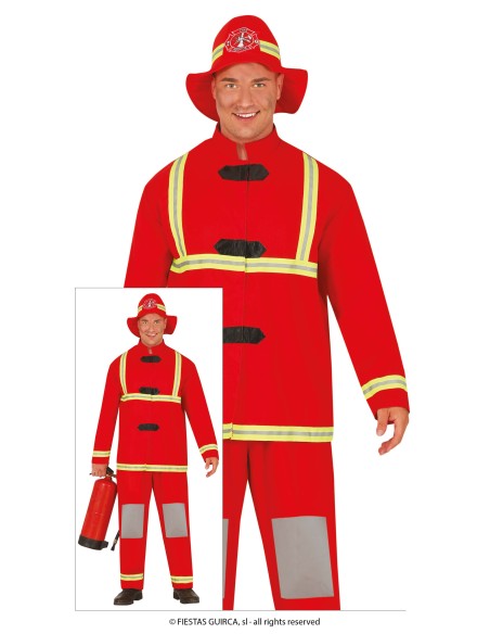 Costume da pompiere rosso con bretelle gialle e cappello per uomo carnevale