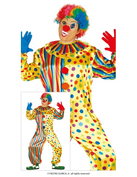 Costume da clown uomo multicolore con pois gialli rossi blu verdi e righe verticali per carnevale