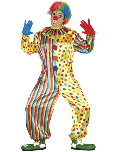 Costume da clown uomo multicolore con pois gialli rossi blu verdi e righe verticali per carnevale