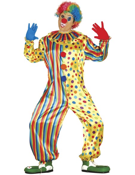 Costume da clown uomo multicolore con pois gialli rossi blu verdi e righe verticali per carnevale