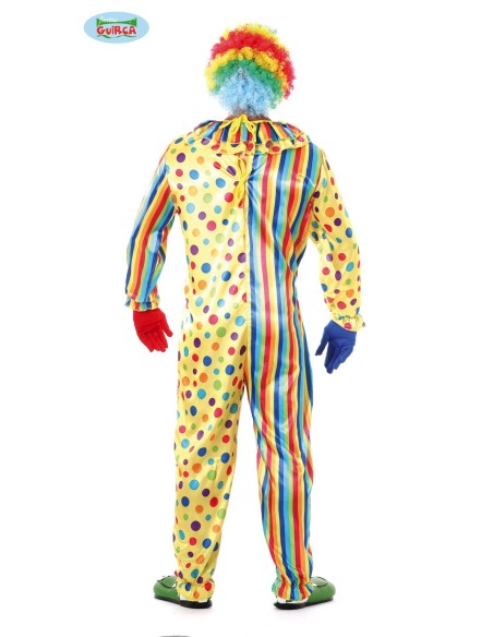 Costume da clown uomo multicolore con pois gialli rossi blu verdi e righe verticali per carnevale
