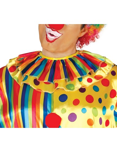 Costume da clown uomo multicolore con pois gialli rossi blu verdi e righe verticali per carnevale