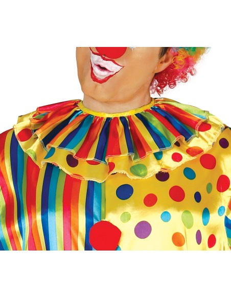 Costume da clown uomo multicolore con pois gialli rossi blu verdi e righe verticali per carnevale