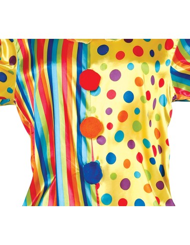 Costume da clown uomo multicolore con pois gialli rossi blu verdi e righe verticali per carnevale