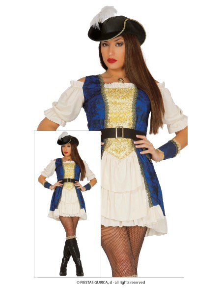 Costume piratessa donna blu e bianco con corpetto dorato, cintura e cappello con piuma per feste a tema