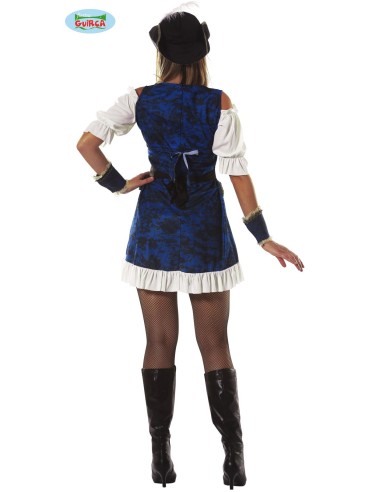 Costume piratessa donna blu e bianco con corpetto dorato, cintura e cappello con piuma per feste a tema