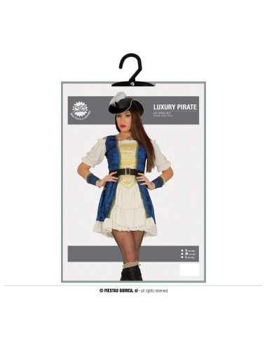 Costume piratessa donna blu e bianco con corpetto dorato, cintura e cappello con piuma per feste a tema