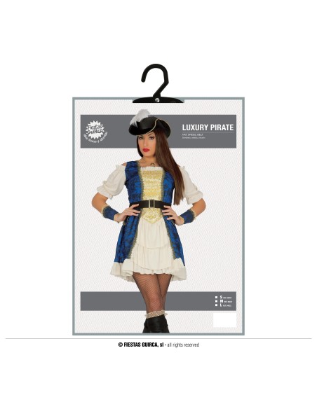 Costume piratessa donna blu e bianco con corpetto dorato, cintura e cappello con piuma per feste a tema