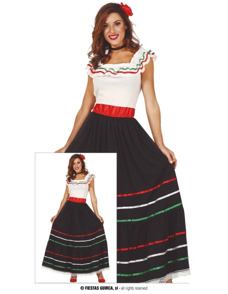 Costume donna messicana con top bianco decorato gonna nera e cintura rossa per feste a tema