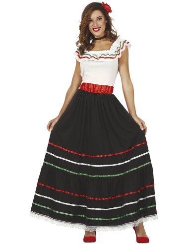 Costume donna messicana con top bianco decorato gonna nera e cintura rossa per feste a tema